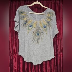 Forever 21 Gray Top with Gold and Green Peacock Design